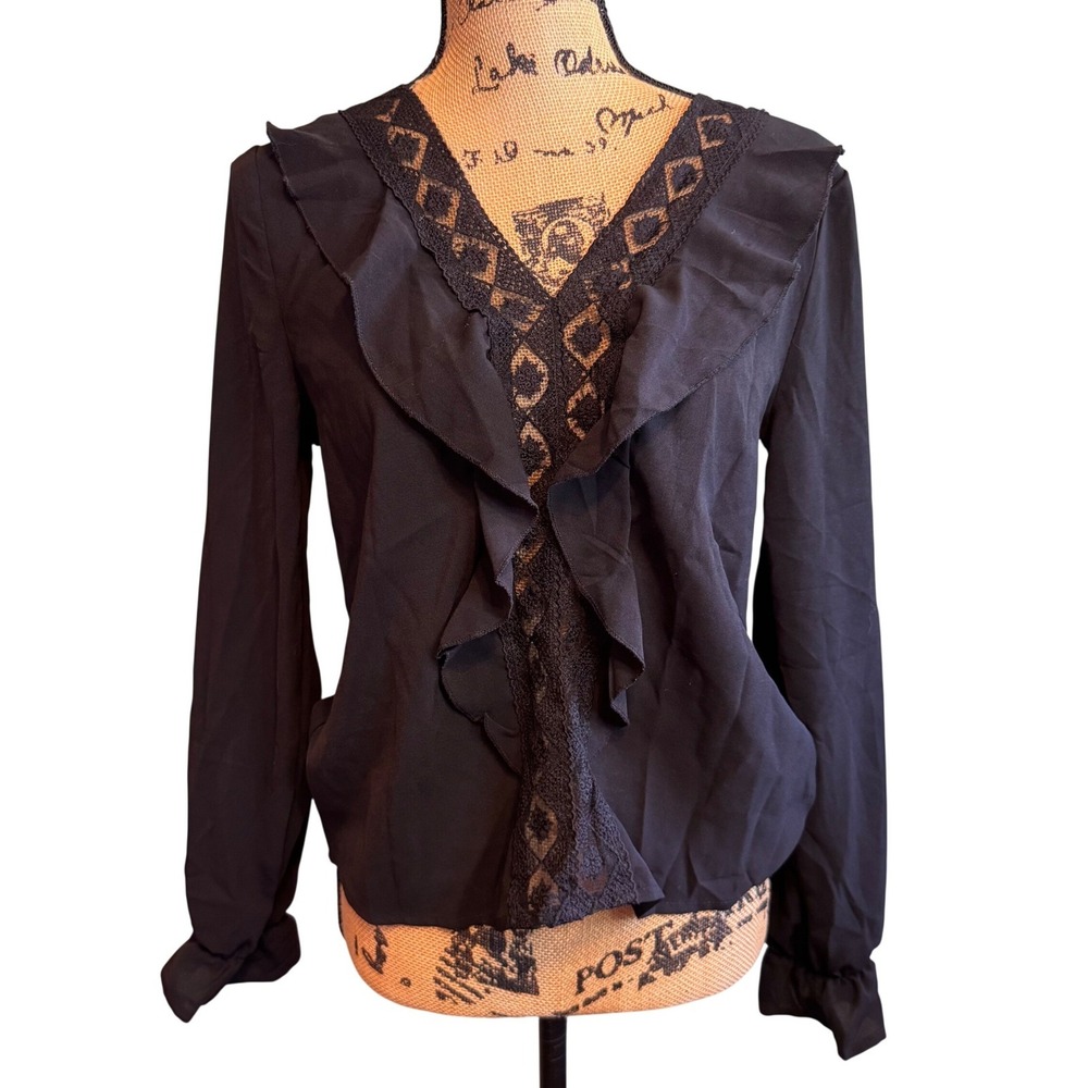 SHEIN Black Ruffle Lace V-Neck Long Sleeve Blouse‎ Top Small